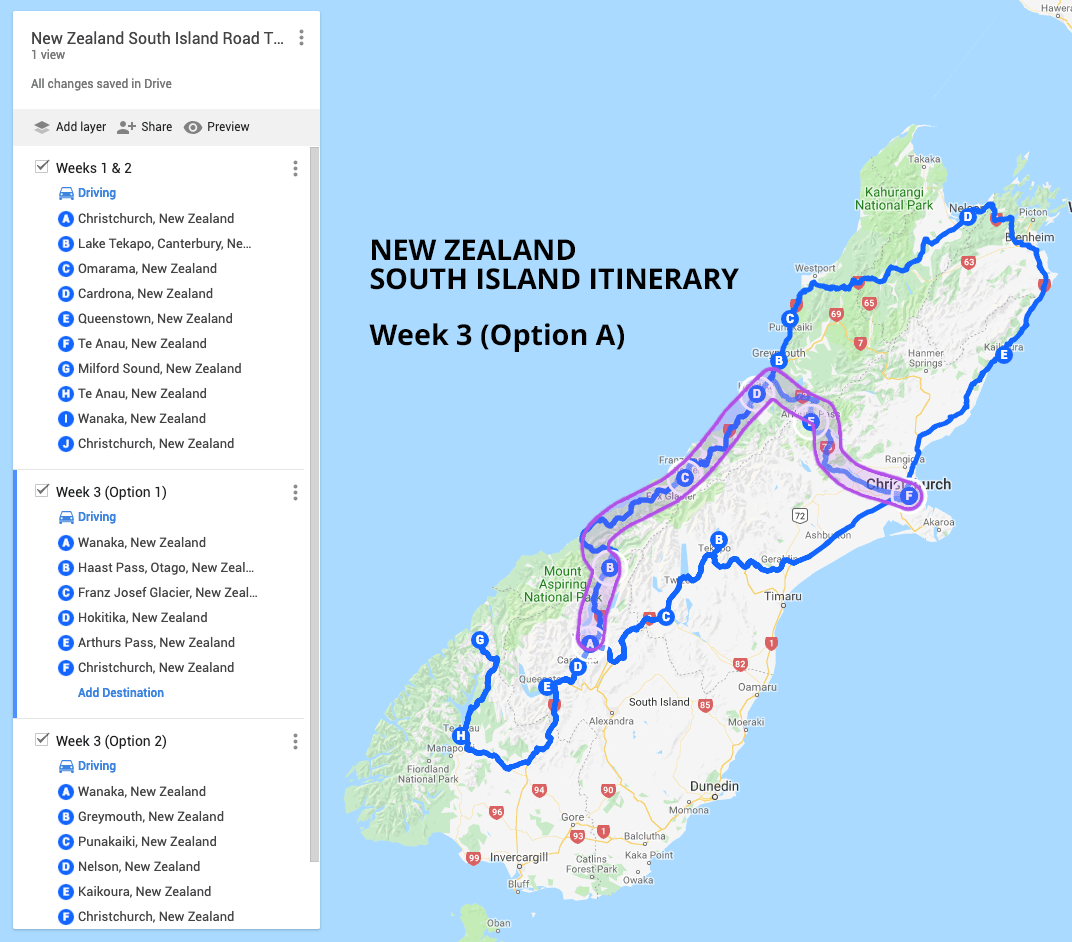 New Zealand South Island Itinerary Weeks 3 Option A