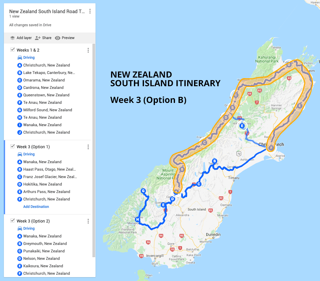 New Zealand South Island Itinerary Weeks 3 Option B
